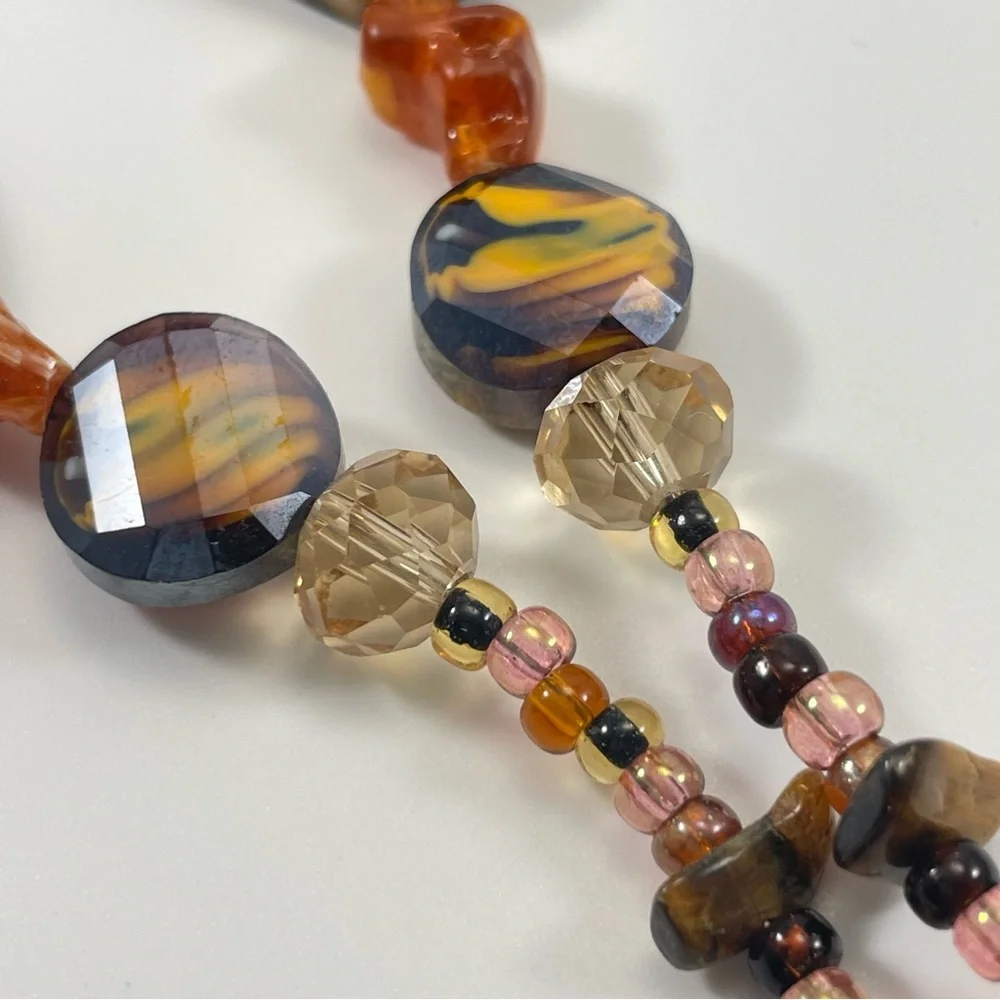 Statement Necklace Beaded Glass Stone Acrylics Orange Purple Brown Boho Unique